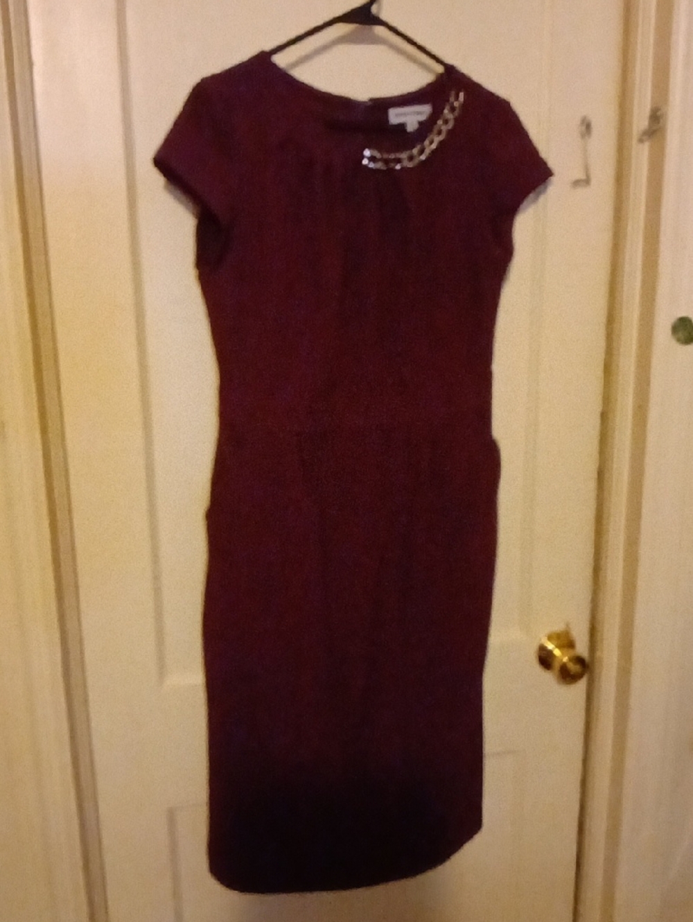 Shelby & Palmer Classic Burgundy Sheath Dress with Chain And Pockets Details